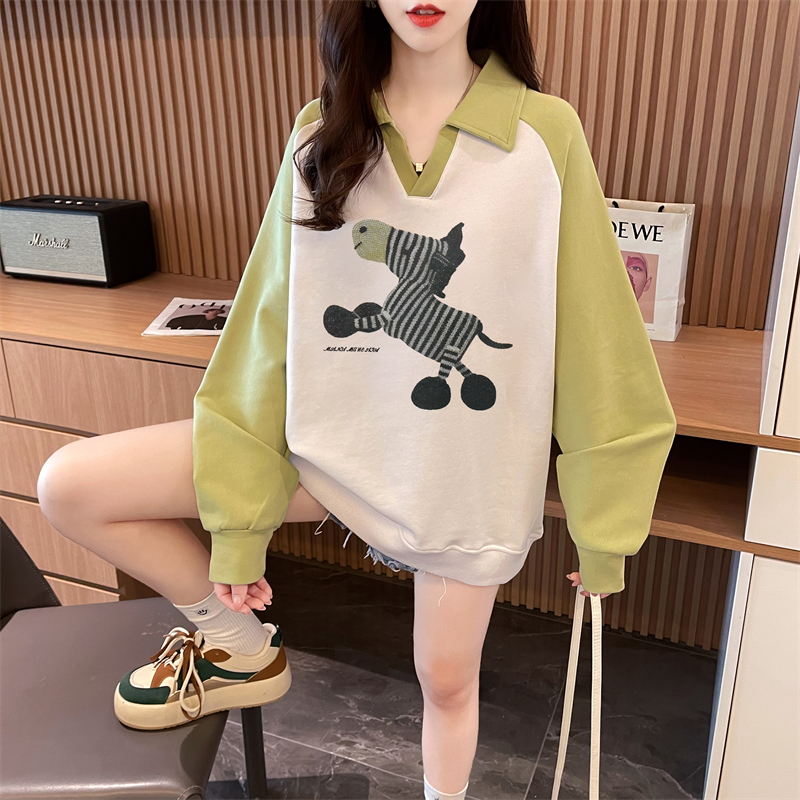 實拍 秋裝韓版後包領華棉M-3XL200斤印花寬鬆插肩袖大碼衛衣女