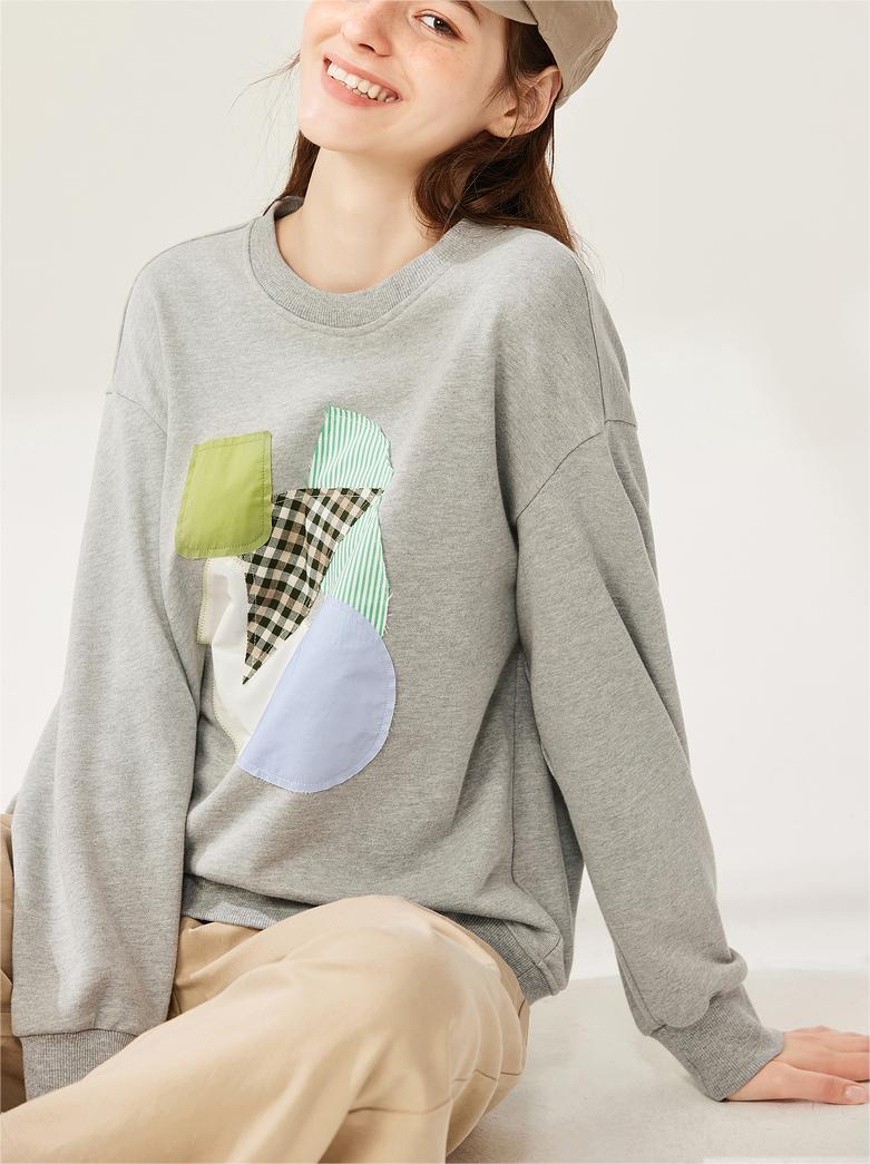Round neck American retro gray sweatshirt for women 2024 spring new style short niche loose jacket