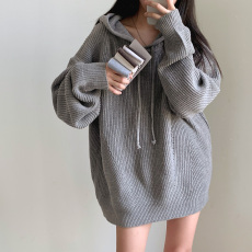 有货！韩国ins慵懒抽绳连帽毛衣女宽松毛线衣长袖套头上衣