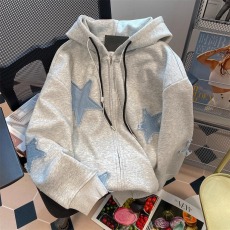 批发美式oversize牛仔贴布五角星星连帽拉链卫衣女慵懒风加绒开衫外套