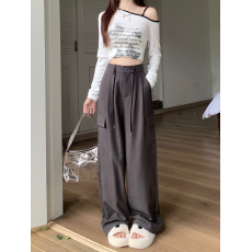 批发美式工装裤秋季大码女装休闲裤直筒垂感宽松阔腿裤胖mm显瘦长裤子
