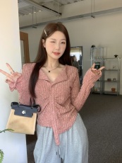实拍～大码设计感纯欲甜辣风v领修身褶皱长袖上衣显瘦T恤