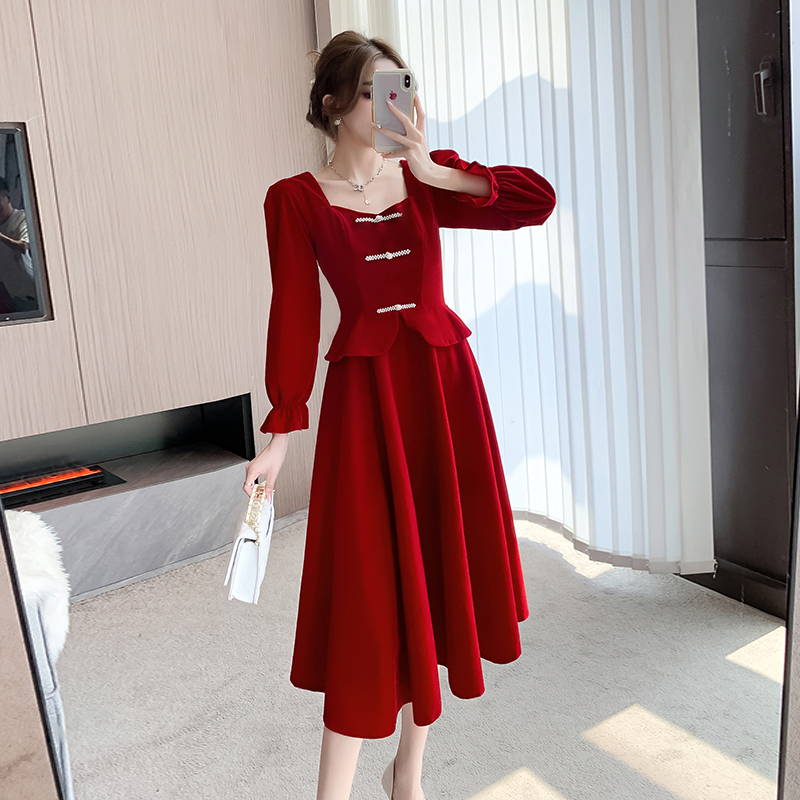 PF19434#长袖订婚连衣裙小个子回门礼服裙敬酒服新娘便装女裝貨源服裝批發