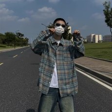 批发毛边长袖衬衫男士秋<b class='q'>冬</b>季美式风格子衬衣复古男生宽松翻领外套