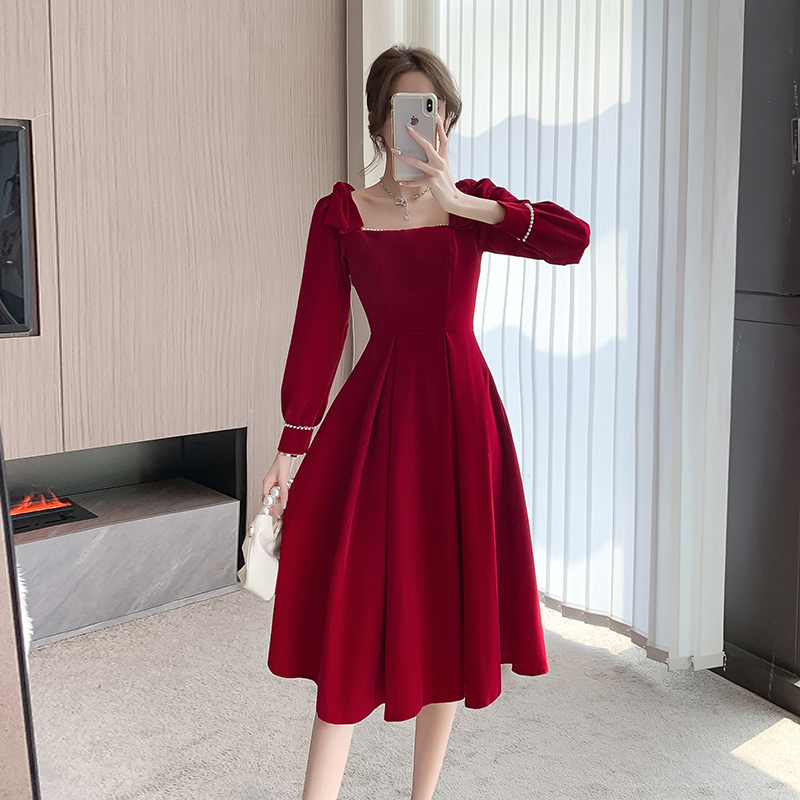 PF19433# 敬酒服新娘小个子新娘新款订婚连衣裙红色礼服裙秋回门长袖女裝貨源服裝批發
