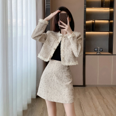 实拍蕾丝拼接外套+半身裙两件套女2023秋季气质木耳边小香风套装