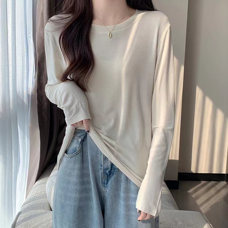 長袖t恤女2023年秋季新款韓版純色百搭彈力軟糯親膚內搭打底上衣