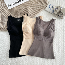 批发实拍大码秋冬德绒蕾丝保暖<b class='q'>背心</b>免穿文胸打底内衣轻薄速热打底衫女