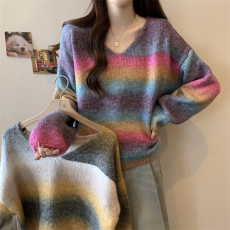 批发实拍～大码慵懒风拼接撞色上衣软糯宽松百搭彩色针织衫外套毛衣女