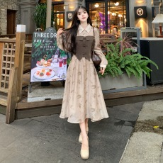 实拍2023大码女装～新中式国风盘扣假两件拼接气质显瘦法式连衣裙