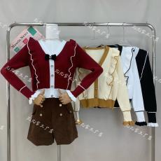 批发洋气甜美V领蝴蝶结木耳边长袖开衫