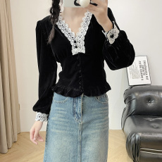 批发实拍~法式金丝绒黑色蕾丝<b class='q'>长袖</b><b class='q'>衬衫</b>女秋气质名媛收腰洋气漂亮上衣
