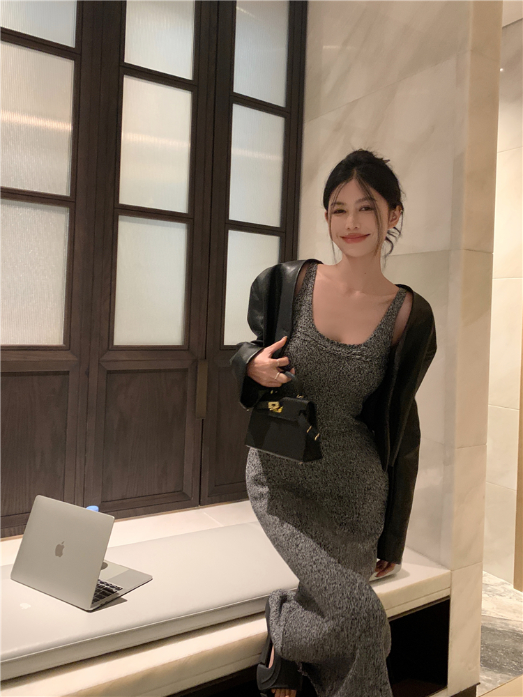 Real shot of chic gray knitted suspender dress for women with slim waist and slimming skirt