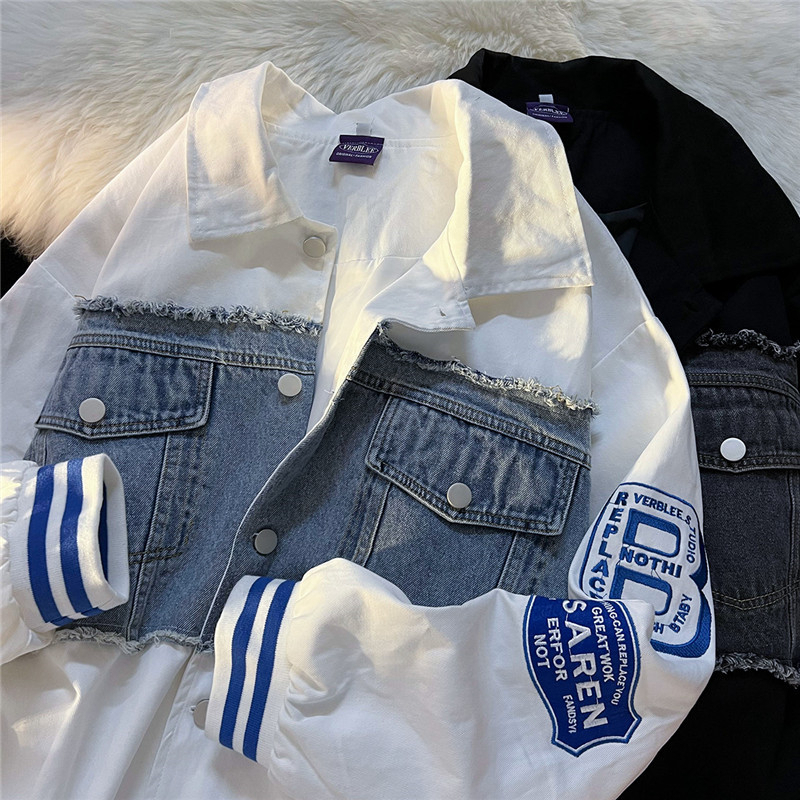 Original high street spliced ​​denim jacket with lining for women loose ins trendy Harajuku style thin jacket baseball uniform