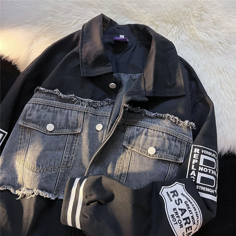 Original high street spliced ​​denim jacket with lining for women loose ins trendy Harajuku style thin jacket baseball uniform