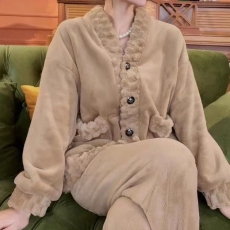 批发佳胜 爆版加厚龟甲绒女士开衫家居服套<b class='q'>装</b> <b class='q'>韩版</b>纯色法兰绒V领睡衣