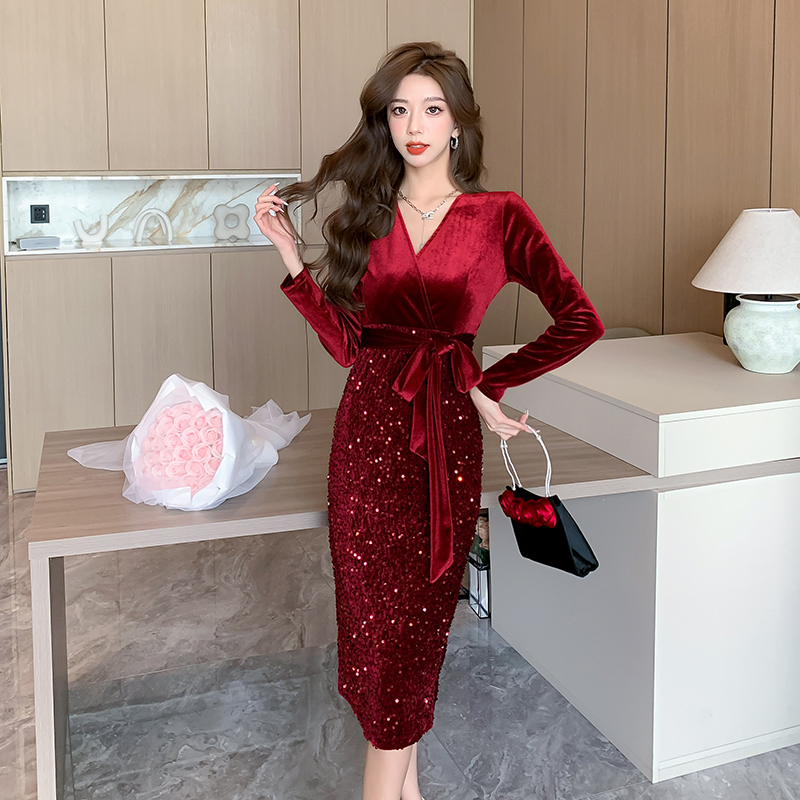 MY15019# 新款时尚v领高贵优雅金丝绒紧身包臀长裙连衣裙女裝貨源服裝批發