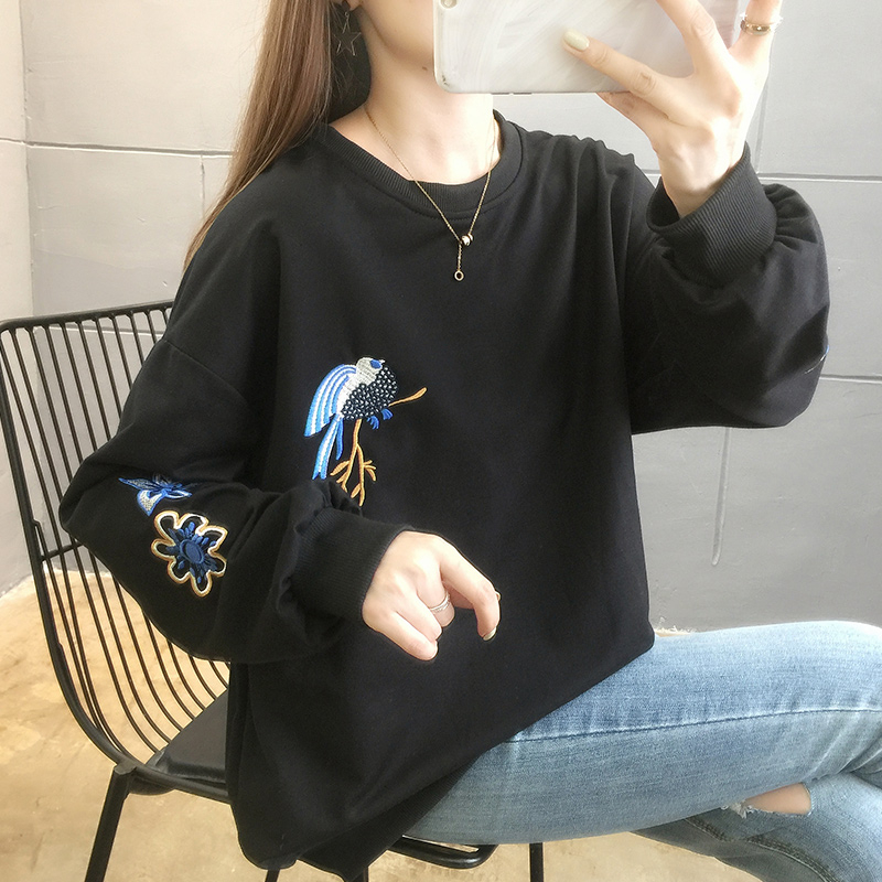 實拍棉衛衣2023秋季新款大碼女裝薄款刺繡衛衣女200斤遮肚上衣