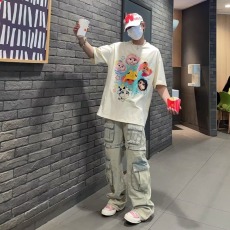 批发美式高街潮牌纽扣可拆卸做旧黄泥牛仔<b class='q'>裤</b>男小众设计感口袋长<b class='q'>裤</b>
