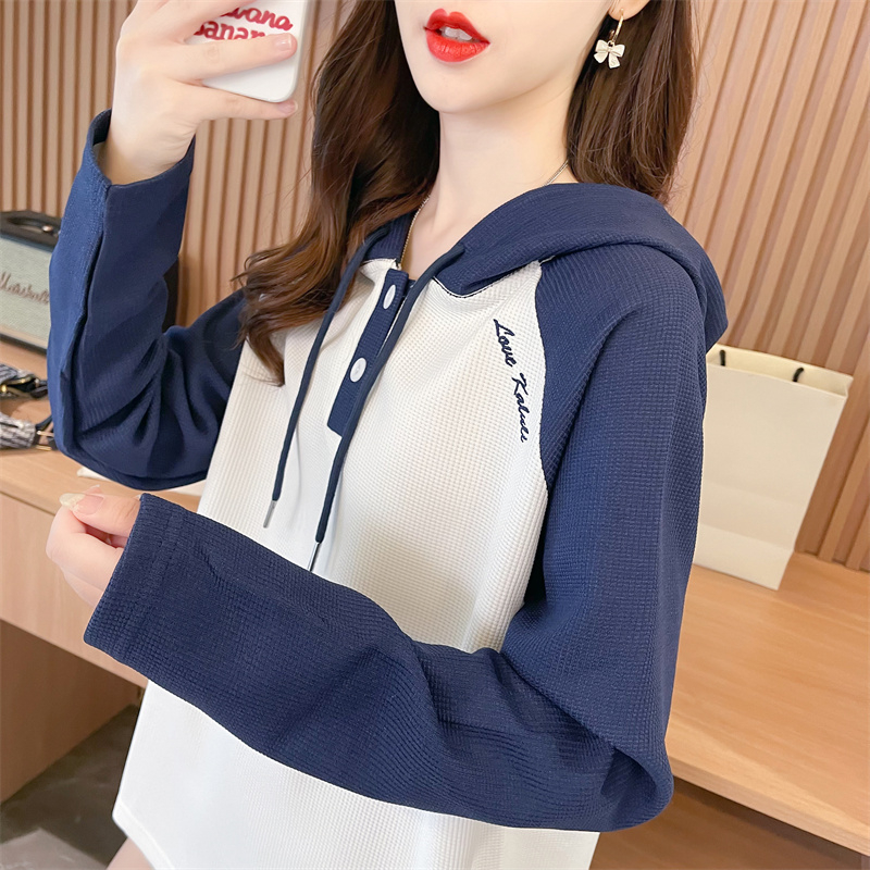 Actual shot #Back bag collar petite waffle color top for women stitched embroidered hooded sweatshirt for women