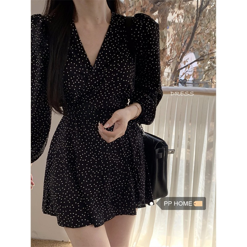 黑色波點裙連衣裙女裝秋季法式復古溫柔海邊度假風茶歇氣質短裙子