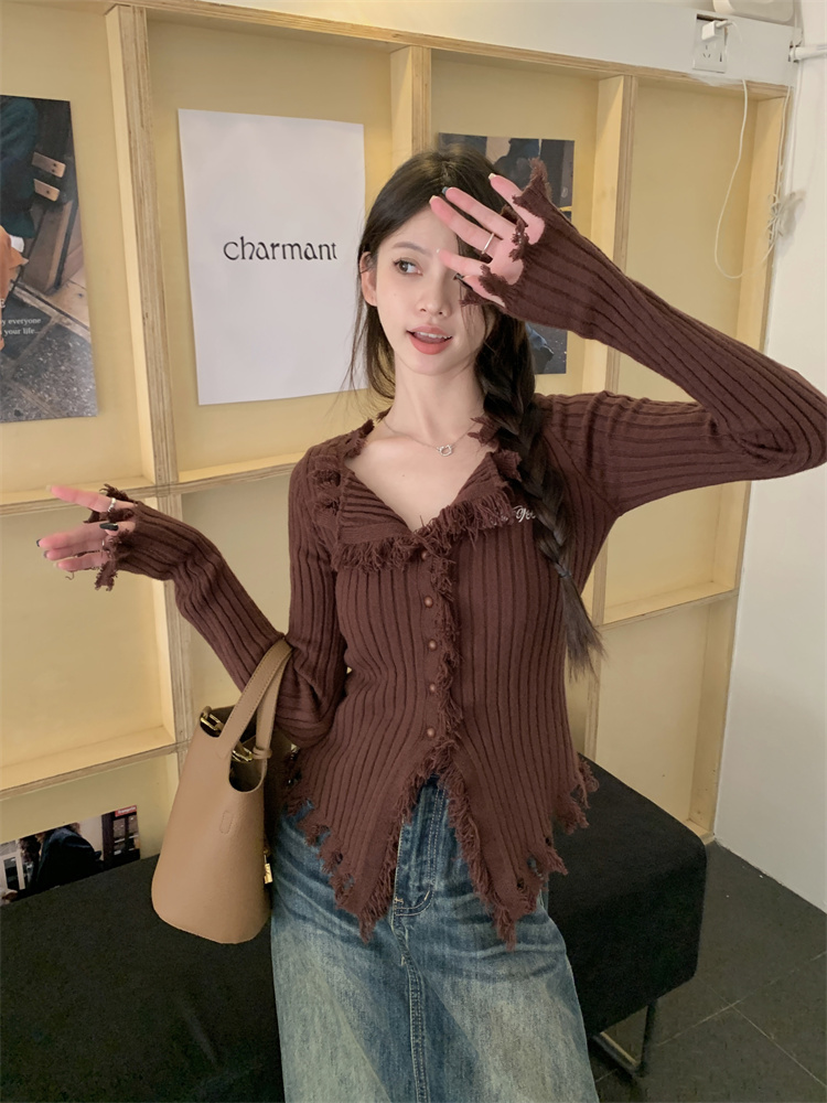 Real shot!  Tassel brown cardigan sweater jacket for women slimming design chic knitted bottoming top