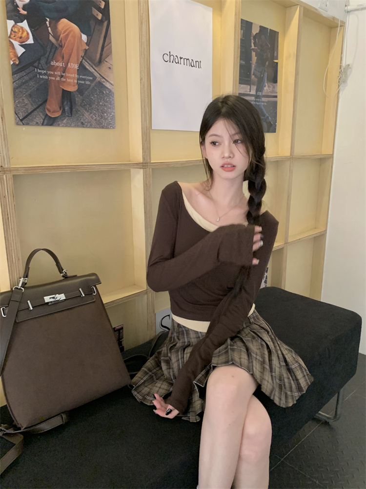 Real shot!  Fake two-piece inner round neck top for women autumn new slim fit long-sleeved T-shirt
