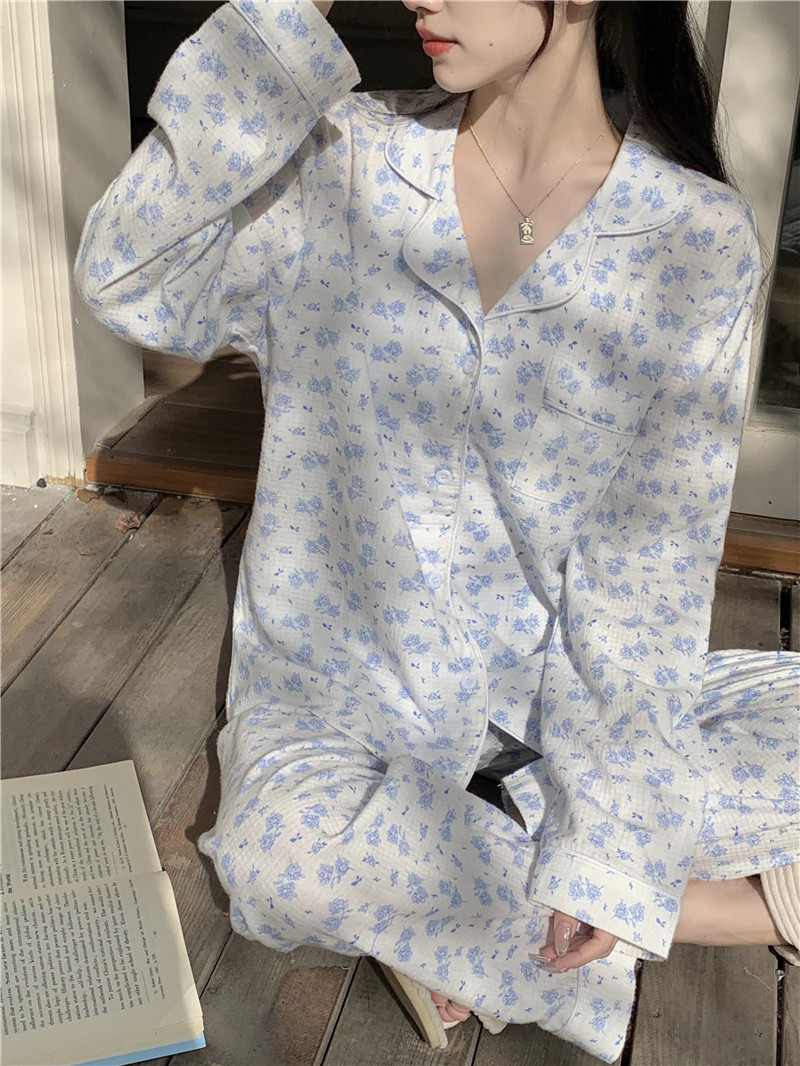實拍韓版秋冬加厚保暖華夫格小清新碎花休閒外穿家居服套裝