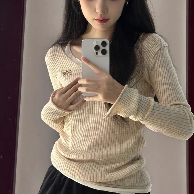 假兩件長袖掛脖針織衫女秋季韓版修身打底衫撞色拼接外穿上衣