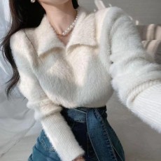 批发甜美软糯毛衣女秋冬bf纯色百搭洋气<b class='q'>长袖</b>POLO翻领针织衫上衣