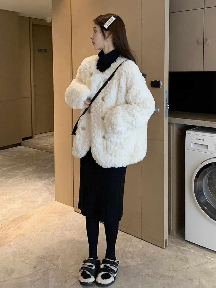小香風羊羔毛外套女2023冬季新款小個子寬鬆加厚白色毛毛上衣棉服