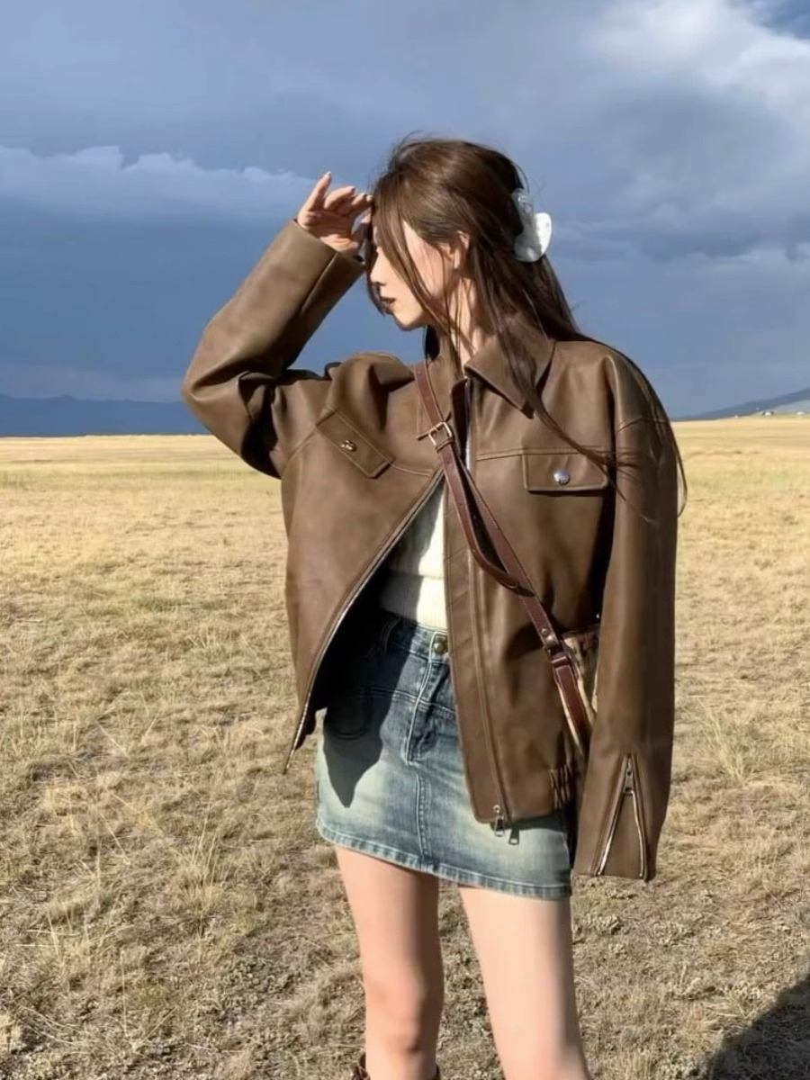 美式復古咖色PU皮衣外套秋季2023新款女裝甜酷風寬鬆機車夾克上衣
