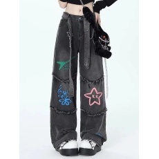批发国潮ins设计感星星印花毛边阔腿牛仔<b class='q'>裤</b>女秋季新款高腰绑带直筒<b class='q'>裤</b>