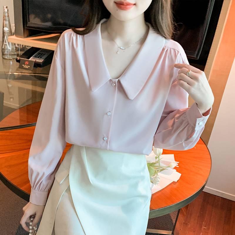 RM25769#简约时尚灯笼袖衬衣女法式设计感V字小翻领衬衫