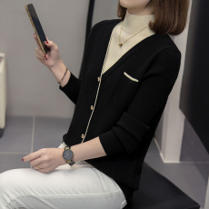 批发2026年春秋新款假两件拼色长袖针织衫<b class='q'>大码</b><b class='q'>女装</b>宽松毛衣内搭