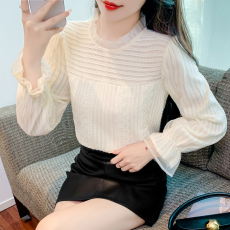 批发实拍2023秋冬新款磨毛拼接<b class='q'>长袖</b><b class='q'>衬衫</b>女法式复古喇叭<b class='q'>长袖</b>上衣打底衫