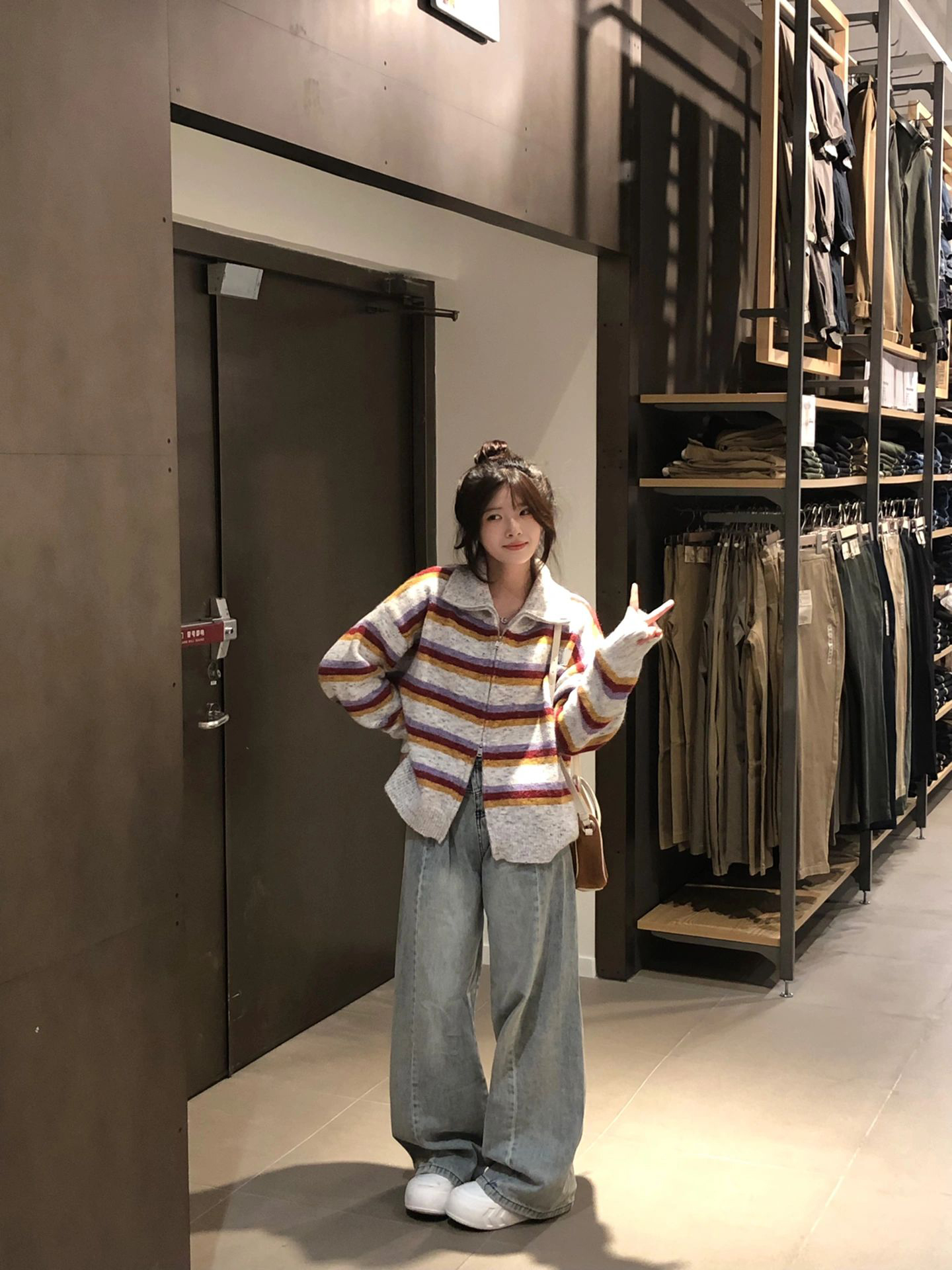 American hiphop rainbow striped lapel sweater for women spring and autumn loose age-reducing temperament casual versatile cardigan jacket