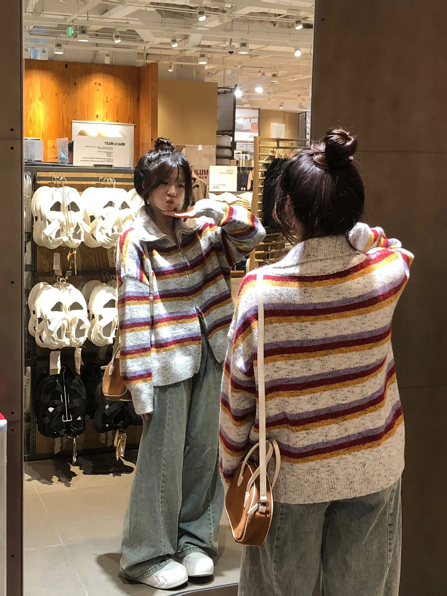 American hiphop rainbow striped lapel sweater for women spring and autumn loose age-reducing temperament casual versatile cardigan jacket