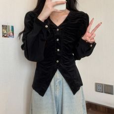 实拍大码女装法式设计感褶皱v领长袖t恤女胖妹妹mm修身显瘦上衣女