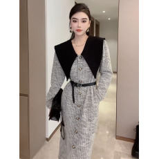 批发官图#捻丝乱麻娃娃领收腰<b class='q'>连衣裙</b>港味复古海军大翻领中长裙