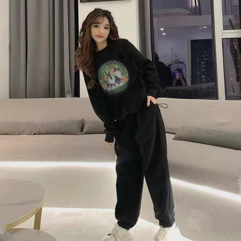 American retro sweatshirt and sweatpants suit for women autumn and winter 2023 new trendy brand loose and thin sports and leisure two-piece set