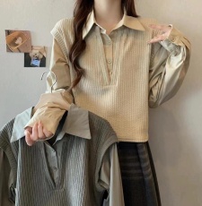 实拍胖MM秋季新款韩版宽松polo领假两件针织拼接衬衫女长袖上衣潮