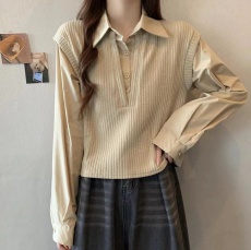 实拍胖MM秋季新款韩版宽松polo领假两件针织拼接衬衫女长袖上衣潮