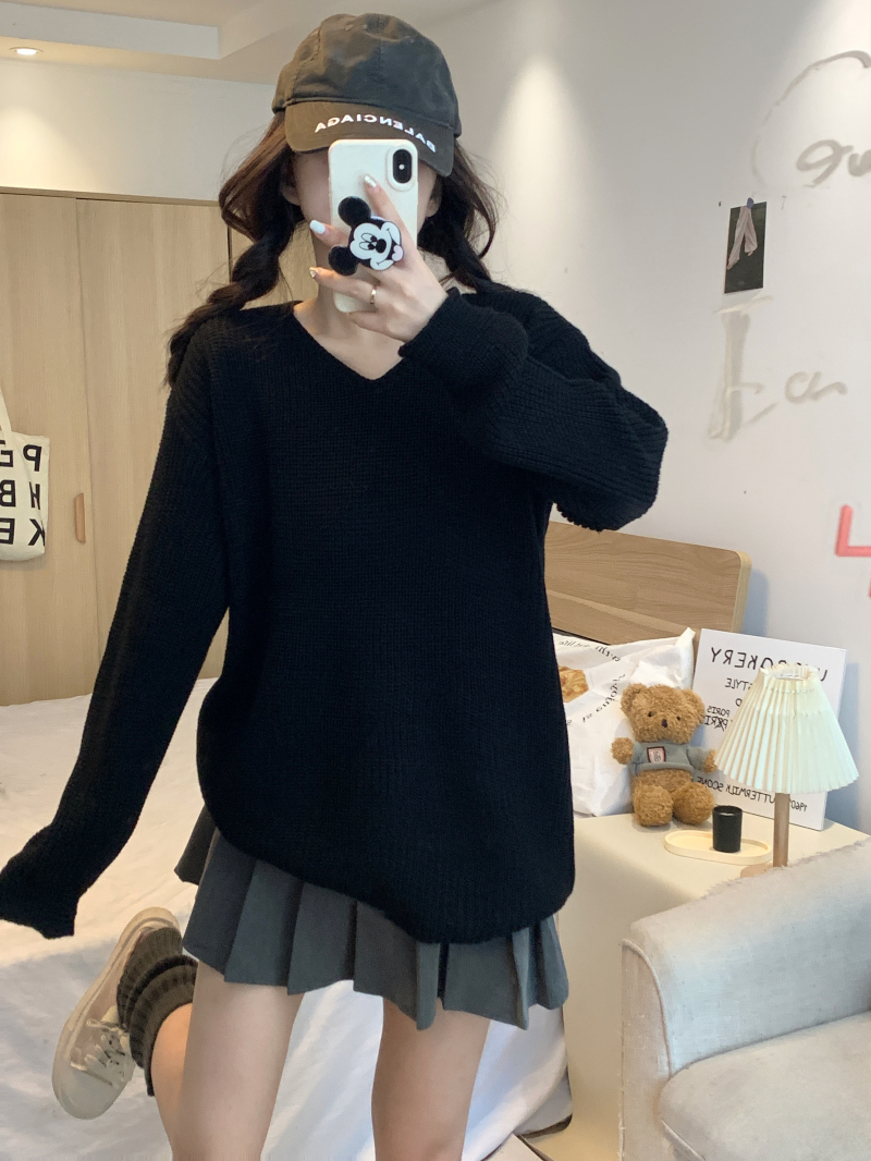 實拍 坑條紋理V領慵懶毛衣女韓版冬季新款寬鬆打底針織衫外套