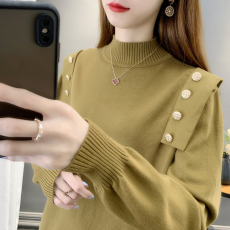 2023年秋冬新款纽扣针织衫上衣女装套头半高领毛衣加厚打底衫女士