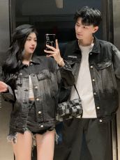 实拍现货#美式情侣装渐变牛仔外套春秋季扎染工装夹克潮牌套装