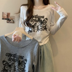 实拍~胖MM大码美式复古蝴蝶印花长袖T恤秋季抽绳显瘦打底衫上衣