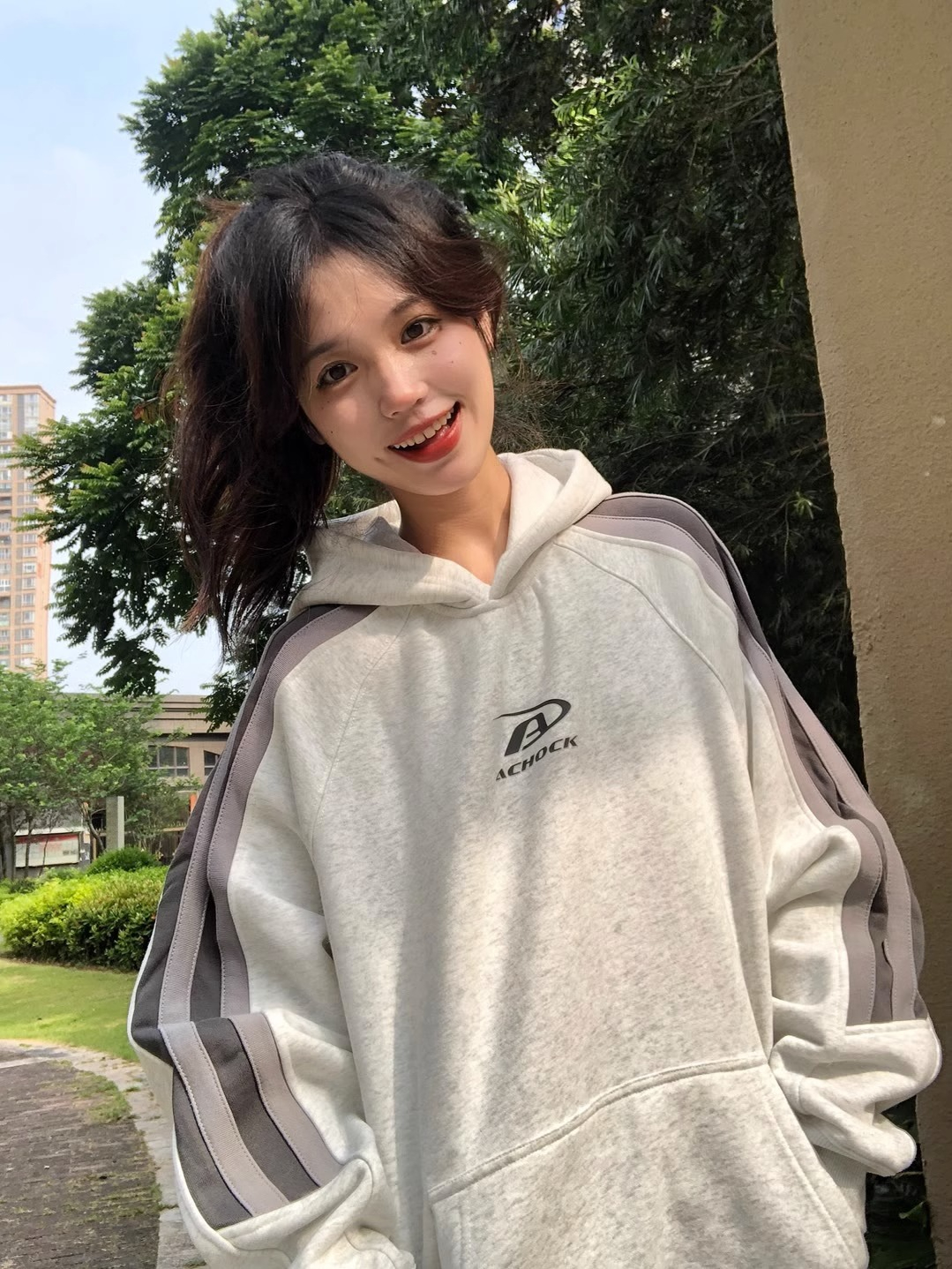 食毛華棉秋季連帽oversize衛衣ins女2023新款韓版拼接運動外套潮