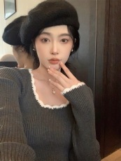 法式低圆领针织衫女早秋复古气质打底衫修身显瘦套头毛衣内搭上衣