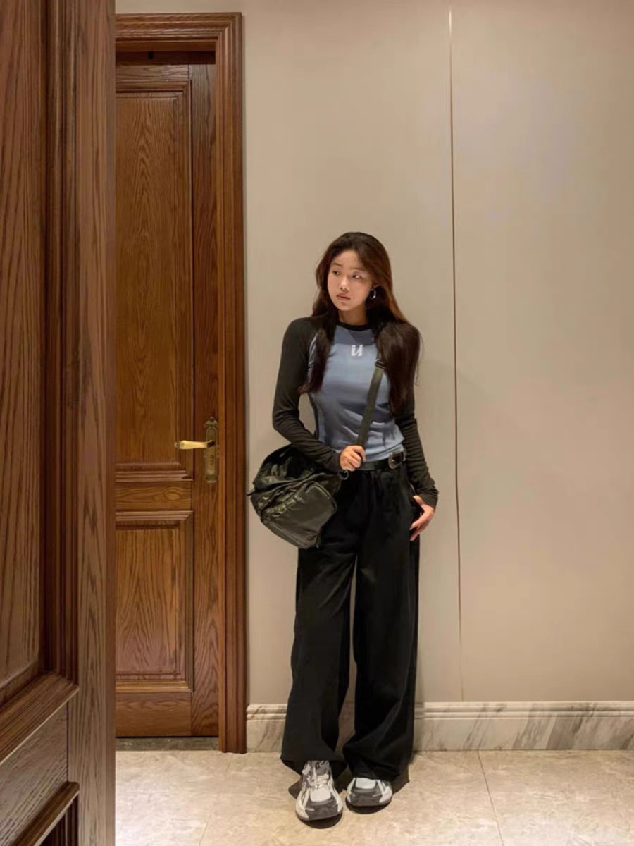 美式復古甜辣妹插肩袖t恤女春秋內搭打底衫正肩修身顯瘦長袖上衣